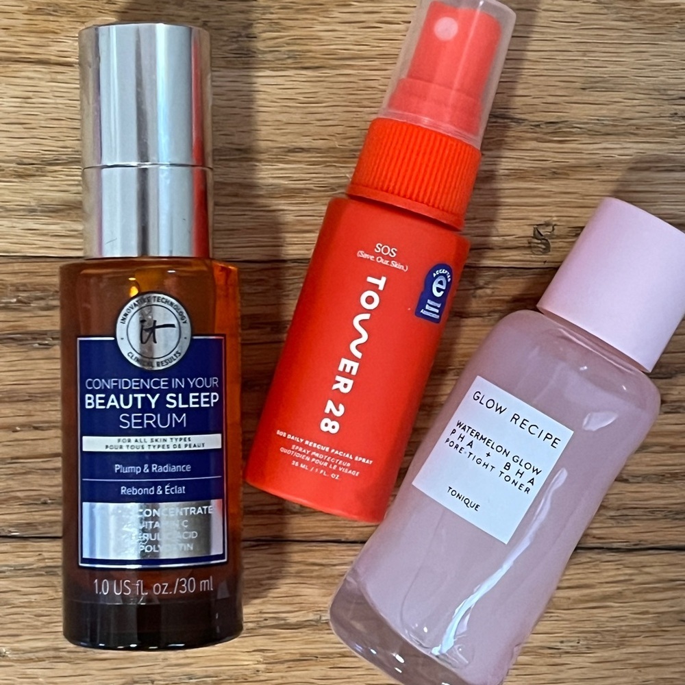 Glow Recipe Pink Watermelon Glow. IT Beauty Sleep Serum. Tower 28 Facial Spray